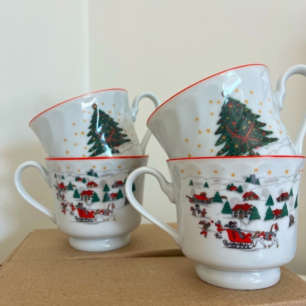 Kopin “Christmas Pleasure” tea cups dishes vintage 90s holiday set of 6